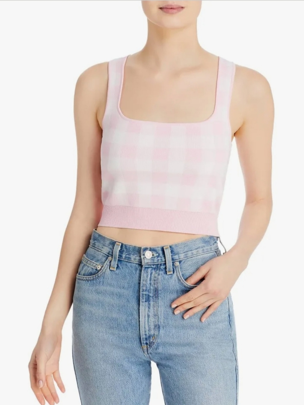 ​English Factory Gingham Plaid Square Neck Sculpted Knit Tank Top Size L EUC